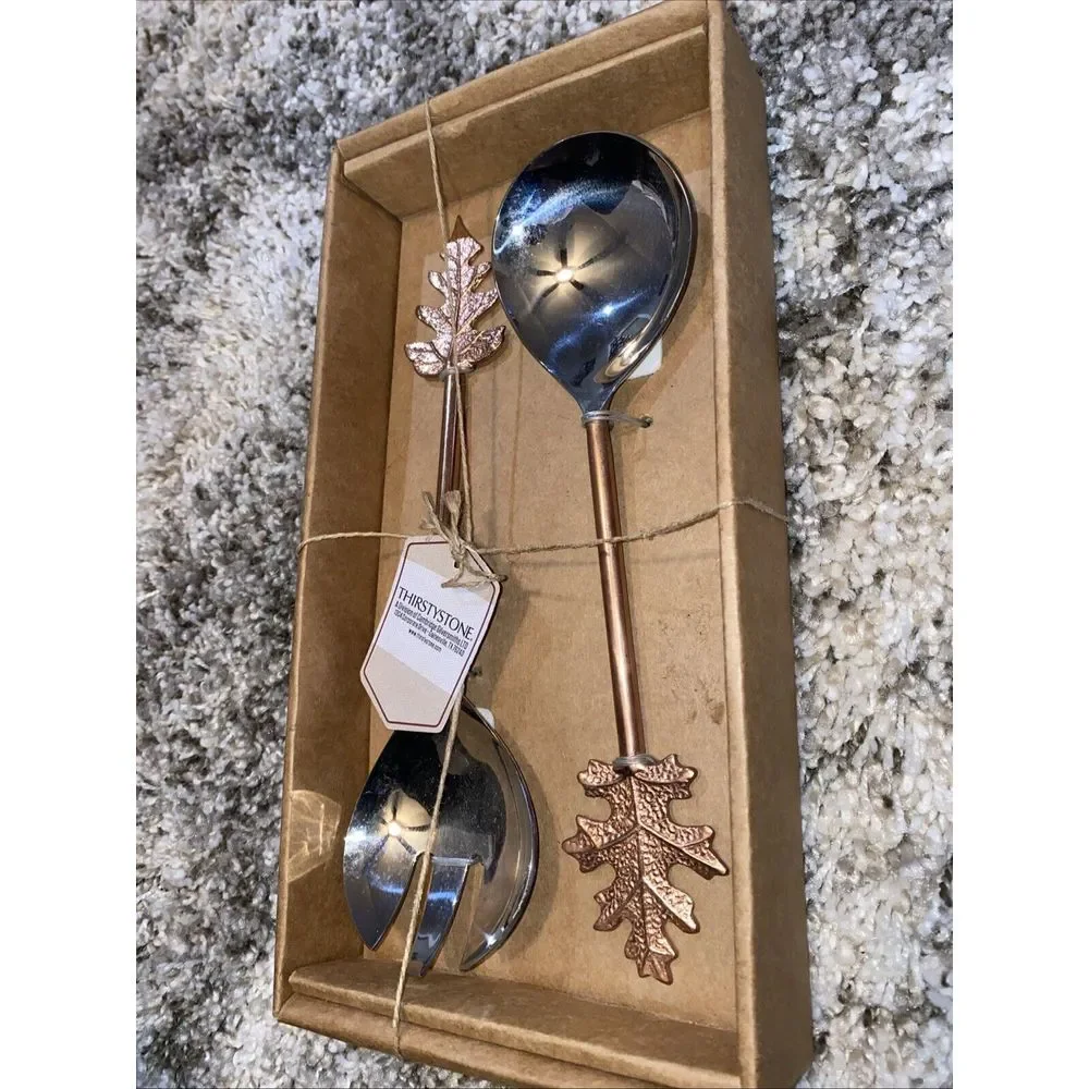 Thirstystone Oak Leaf Salad Servers Set 2pc Stainless Steel Copper Finish New